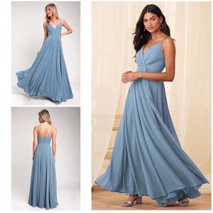 Lulus All About Love Slate Blue Chiffon Skirt Pleated Bodice Maxi Dress